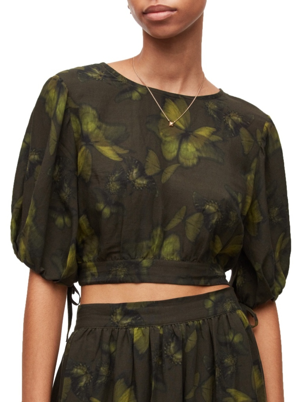 AllSaints Butterfly Print Puff Sleeve Crop Top Green Black Linen Blend Size 6